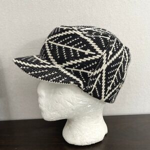 Goorin Bros 100% Wool Knit Cadet Cap Black White Geometric Leaf Pattern One Size